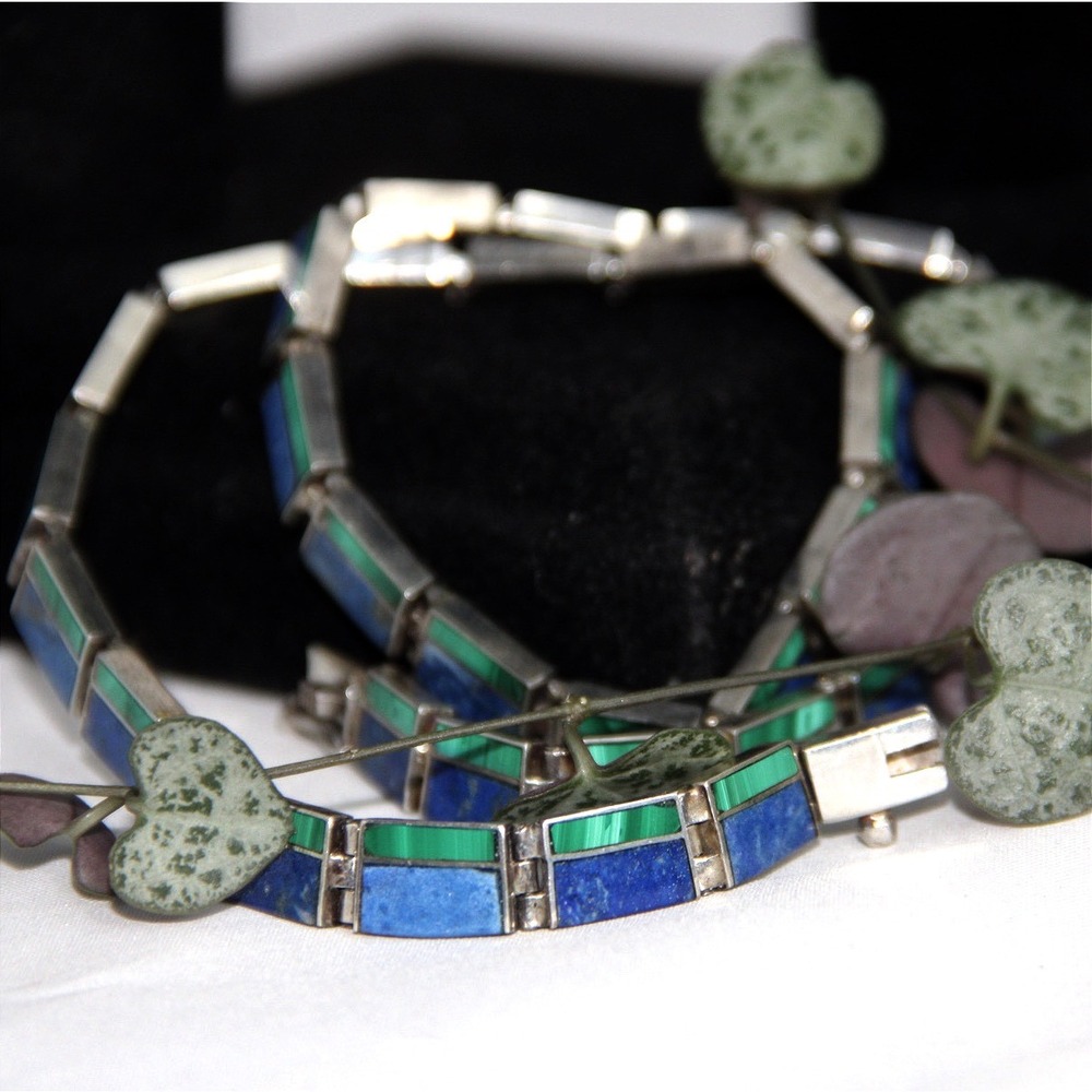 Vintage Sterling Silver Lapis Lazuli Malachite Inlay Link Necklace 16in 8mm
